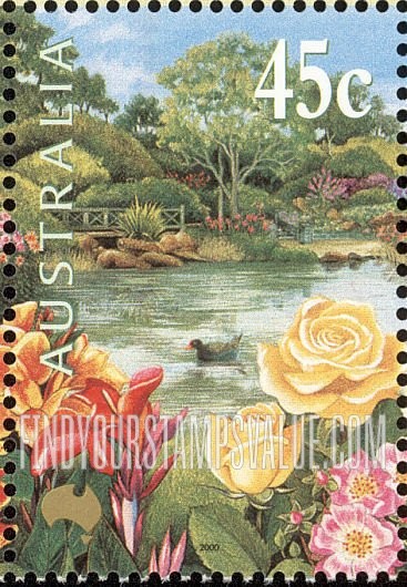 FindYourStampsValue: Gardens: Pond, roses, purple swamphen (denomination at UR)