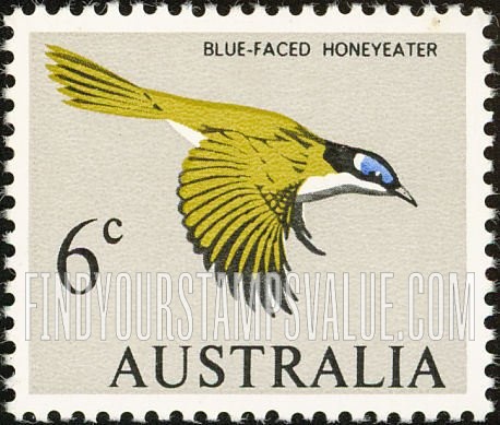 FindYourStampsValue: Blue-faced honeyeater, horizontal: Types of 1963-65