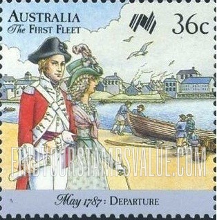 FindYourStampsValue: First Fleet Leaving England: Captain Arthur Phillip, Mrs. Phillip, longboat on shore
