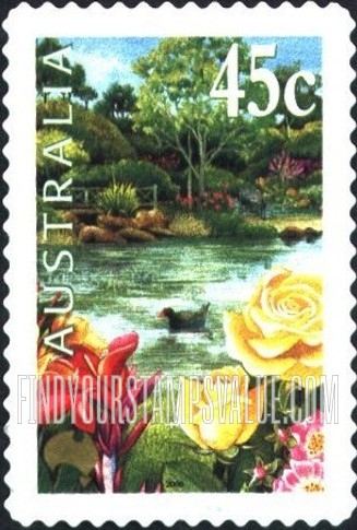FindYourStampsValue: Gardens: Pond, roses, purple swamphen (denomination at UR)