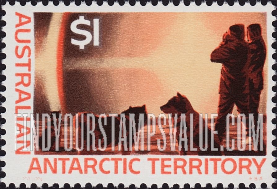FindYourStampsValue: AUSTRALIAN ANTARCTIC TERRITORY: “Mock sun” (parahelion) and dogs, horizontal