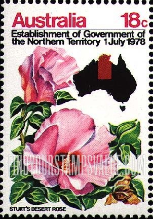 FindYourStampsValue: Sturt’s Desert Rose, Map of Australia