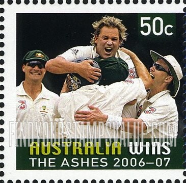 FindYourStampsValue: Australian Victory in 2006 Ashes Cricket Match: Players celebrating