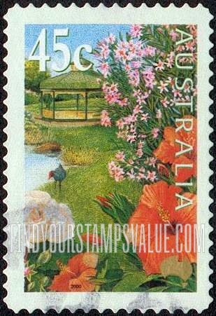 FindYourStampsValue: Gardens: Pond, hibiscus, nerium oleander (denomination at UL)