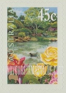 FindYourStampsValue: Gardens: Pond, roses, purple swamphen (denomination at UR)