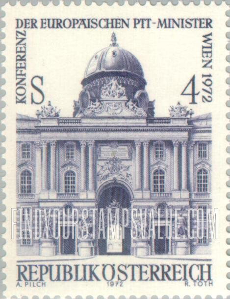 FindYourStampsValue: Conference of European Post and Telecommunications Ministers, Vienna, Apr. 11-14: St. Michael’s Gate, Royal Palace, Vienna