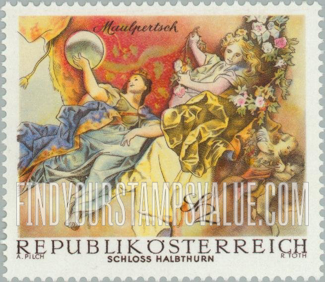 FindYourStampsValue: Baroque Frescoes: Symbolic figures from The Triumph of Apollo, by Maulpertsch, Halbthurn Castle