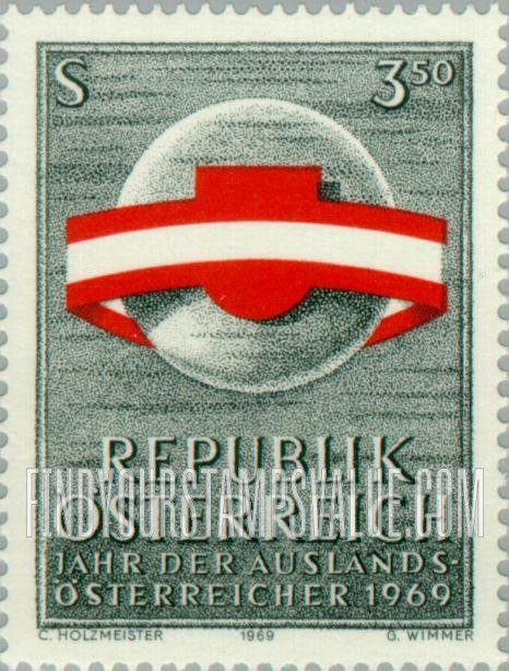 FindYourStampsValue: Year of Austrians Living Abroad, 1969: Austria’s flag and shield circling the world