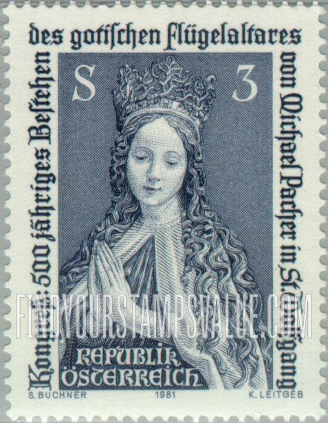 FindYourStampsValue: Kneeling Virgin, Detail of Coronation of Mary Altarpiece, St. Wolfgang, 500th Anniversary