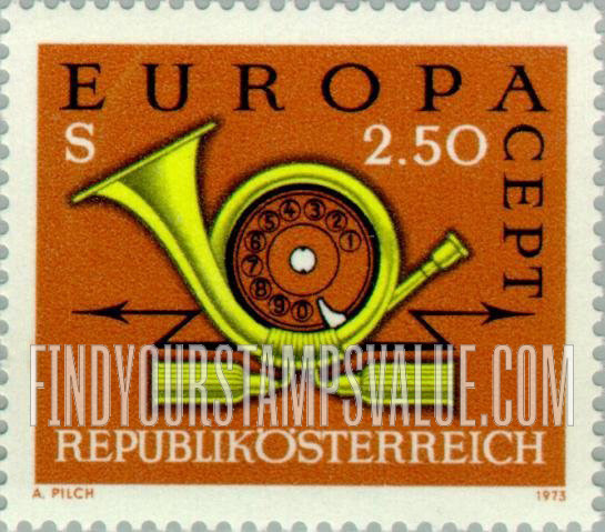 FindYourStampsValue: Europa 1973: Post Horn and Telephone
