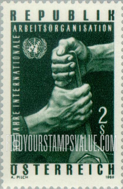 FindYourStampsValue: ILO, 50th Anniversary: Hands holding wrench, and UN emblem