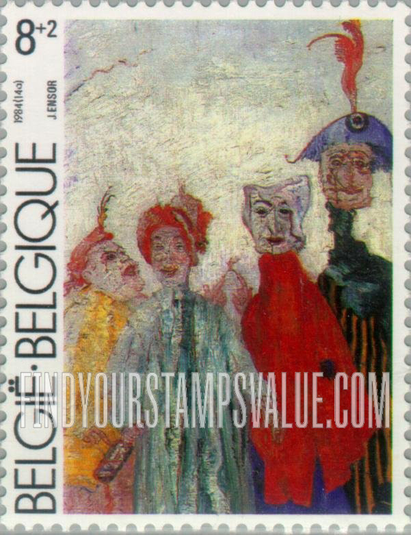 FindYourStampsValue: Semi-Postal, Brussels Modern Art Museum Opening, Paintings: Les Masques Singuliers, by James Ensor