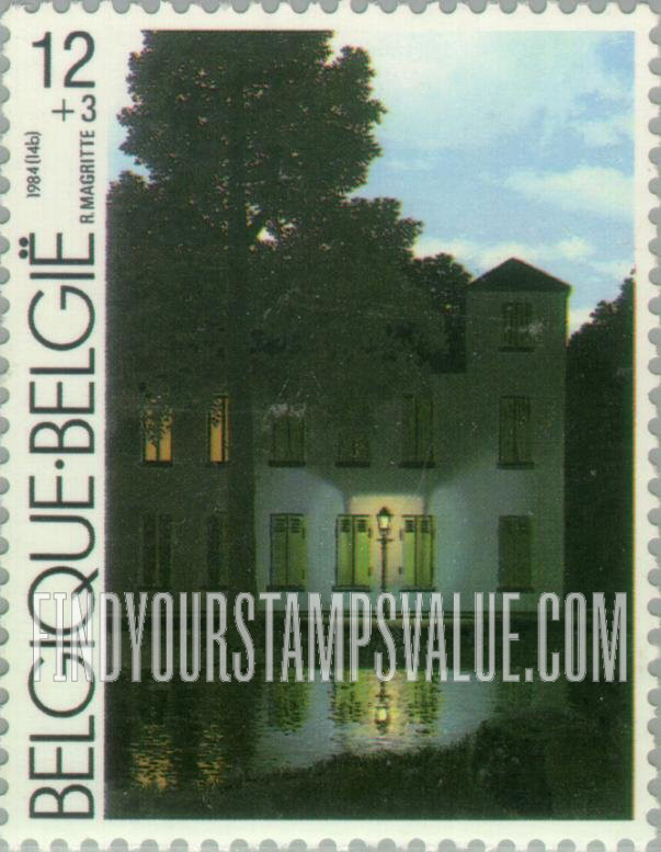FindYourStampsValue: Semi-Postal, Brussels Modern Art Museum Opening, Paintings: Empire des Lumieres, by Rene Magritte