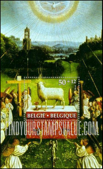 FindYourStampsValue: Semi-Postal, Paintings by Hubert van Eyck (c. 1370-1426): Adoration of the Mystic Lamb, St. Bavon Cathedral Altarpiece, Ghent