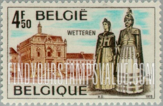 FindYourStampsValue: View of Wetteren and couple in local costume