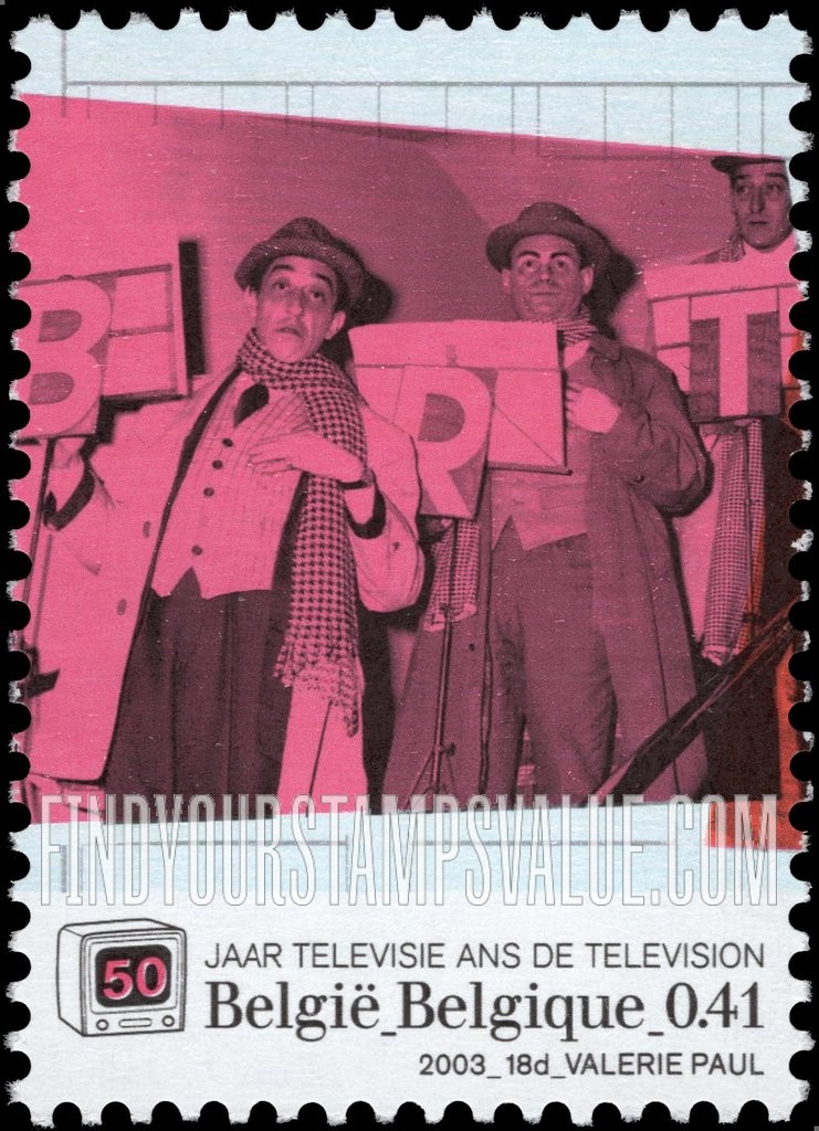 FindYourStampsValue: Belgian Television, 50th Anniversary: Cassiers and Jef Burm (red violet panel)