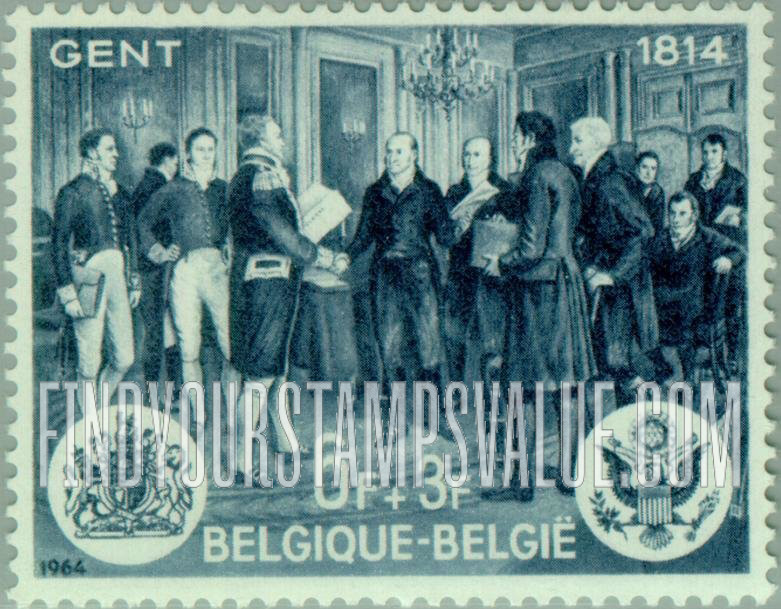 FindYourStampsValue: Semi-Postal: John Quincy Adams and Lord Gambier Signing Treaty of Ghent, by Amédée Forestier