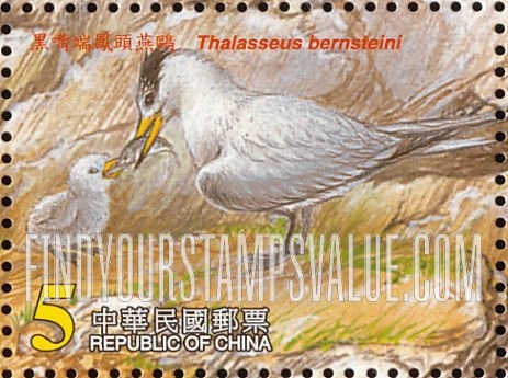 FindYourStampsValue: Endangered Bird Thalasseus Bernsteini: Adult feeding chick - 黑嘴端凤头燕鸥: 喂小鸡的成年鸟