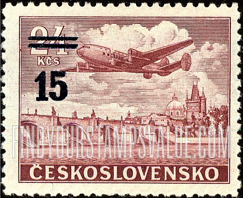 FindYourStampsValue: AIR POST STAMPS - Plane over Charles Bridge, Prague: Surcharged with New Value and Bars in Various Colors