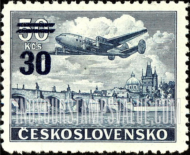 FindYourStampsValue: AIR POST STAMPS - Plane over Charles Bridge, Prague: Surcharged with New Value and Bars in Various Colors