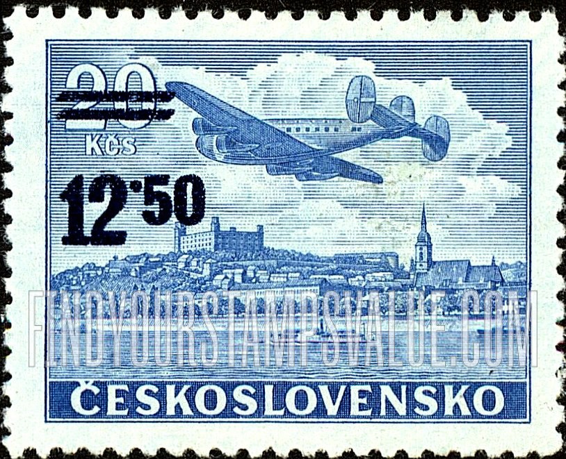 FindYourStampsValue: AIR POST STAMPS - Plane over Bratislava Castle: Surcharged with New Value and Bars in Various Colors