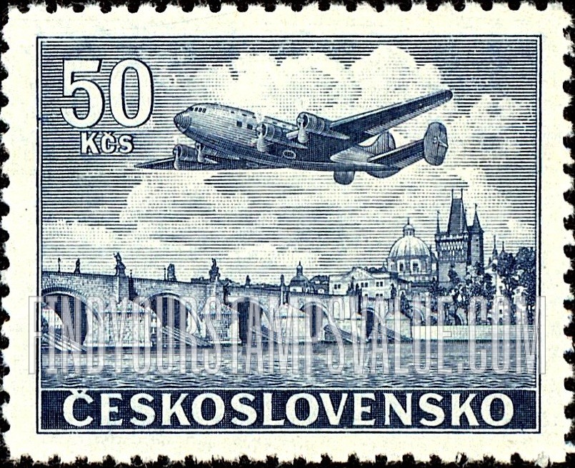 FindYourStampsValue: AIR POST STAMPS - Plane over Charles Bridge, Prague