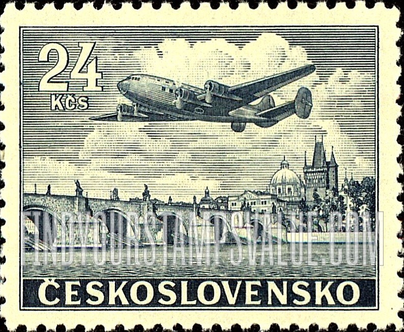 FindYourStampsValue: AIR POST STAMPS - Plane over Charles Bridge, Prague