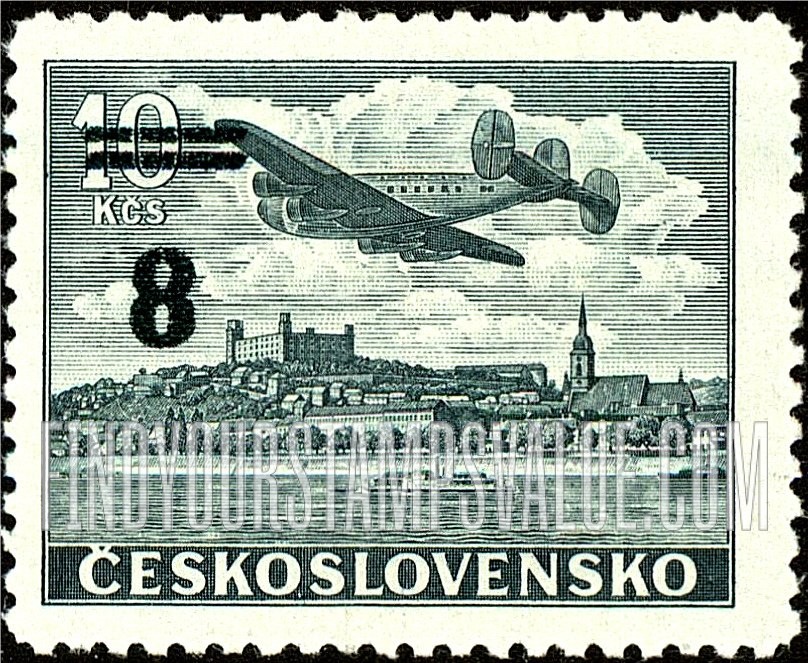 FindYourStampsValue: AIR POST STAMPS - Plane over Bratislava Castle: Surcharged with New Value and Bars in Various Colors