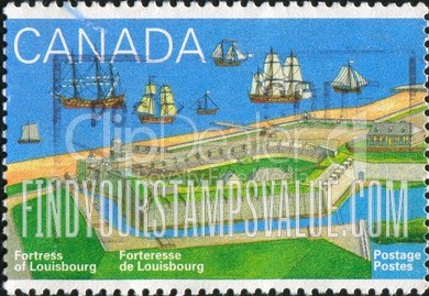 FindYourStampsValue: Fortress of Louisbourg, 275th Anniversary: Louisbourg Harbor, ships near Dauphin Gate