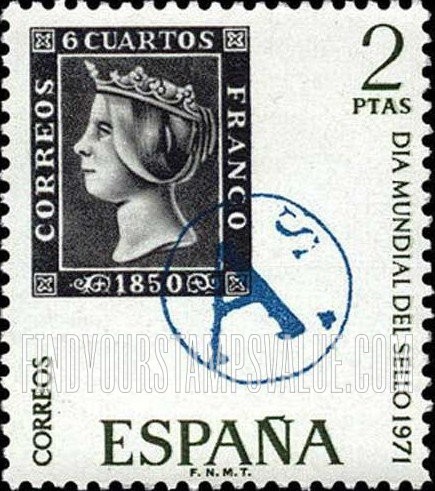 FindYourStampsValue: Spain No. 1 with blue “A” cancellation