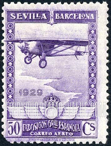 FindYourStampsValue: Air Post: Seville-Barcelona Exposition, “Spirit of St. Louis” over Coast of Europe
