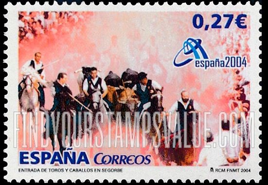 FindYourStampsValue: España 2004 International Philatelic Exhibition. Festival of the Bulls, Valencia: Running of the bulls