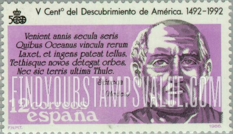 FindYourStampsValue: Discovery of America, 500th Anniversary (in 1992): Seneca, text from Medea
