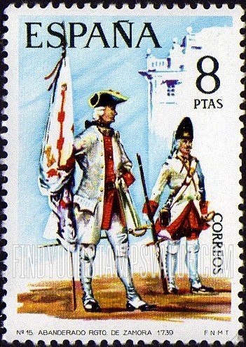 FindYourStampsValue: Uniforms: Standard-bearer and soldier, Zamora Regiment, 1739