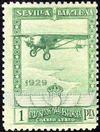 FindYourStampsValue: Air Post: Seville-Barcelona Exposition, “Spirit of St. Louis” over Coast of Europe