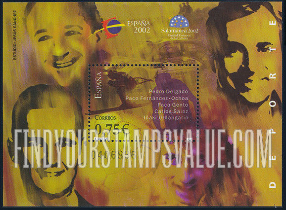 FindYourStampsValue: España 2002 Youth Philatelic Exhibition, Salamanca: Skier, race car, soccer ball, bicyclist and names of Spanish sports stars