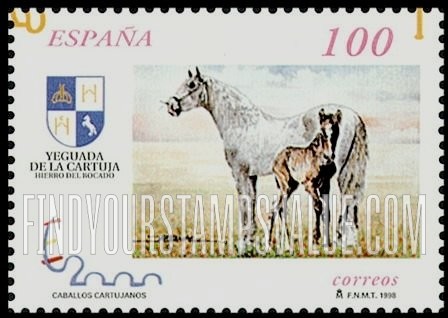 FindYourStampsValue: Carthusian Horses: Mare standing with colt