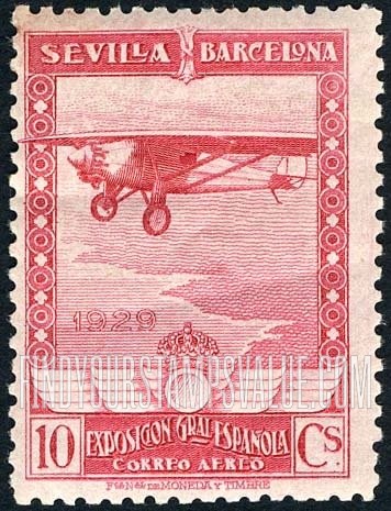 FindYourStampsValue: Air Post: Seville-Barcelona Exposition, “Spirit of St. Louis” over Coast of Europe