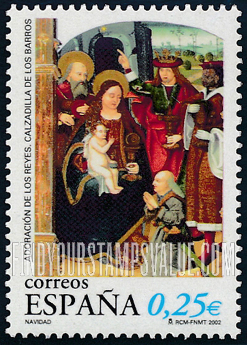 FindYourStampsValue: Christmas: Adoration of the Magi, from church altarpiece, Calzadilla de los Barros