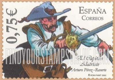 FindYourStampsValue: España 2002 Youth Philatelic Exhibition, Salamanca: Character from comic Strip “El Capitan Alatriste,” by Arturo Pérez-Reverte