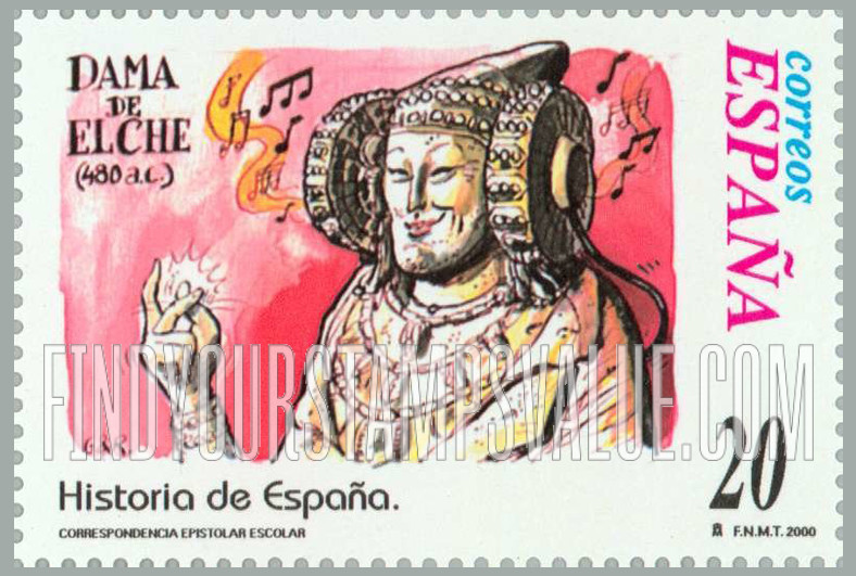 FindYourStampsValue: Letter Writing Type of 1998: Lady of Elche, Iberian statue, 480 B.C.