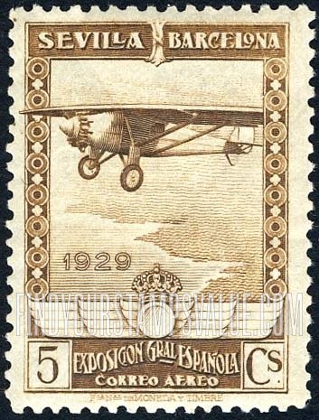 FindYourStampsValue: Air Post: Seville-Barcelona Exposition, “Spirit of St. Louis” over Coast of Europe