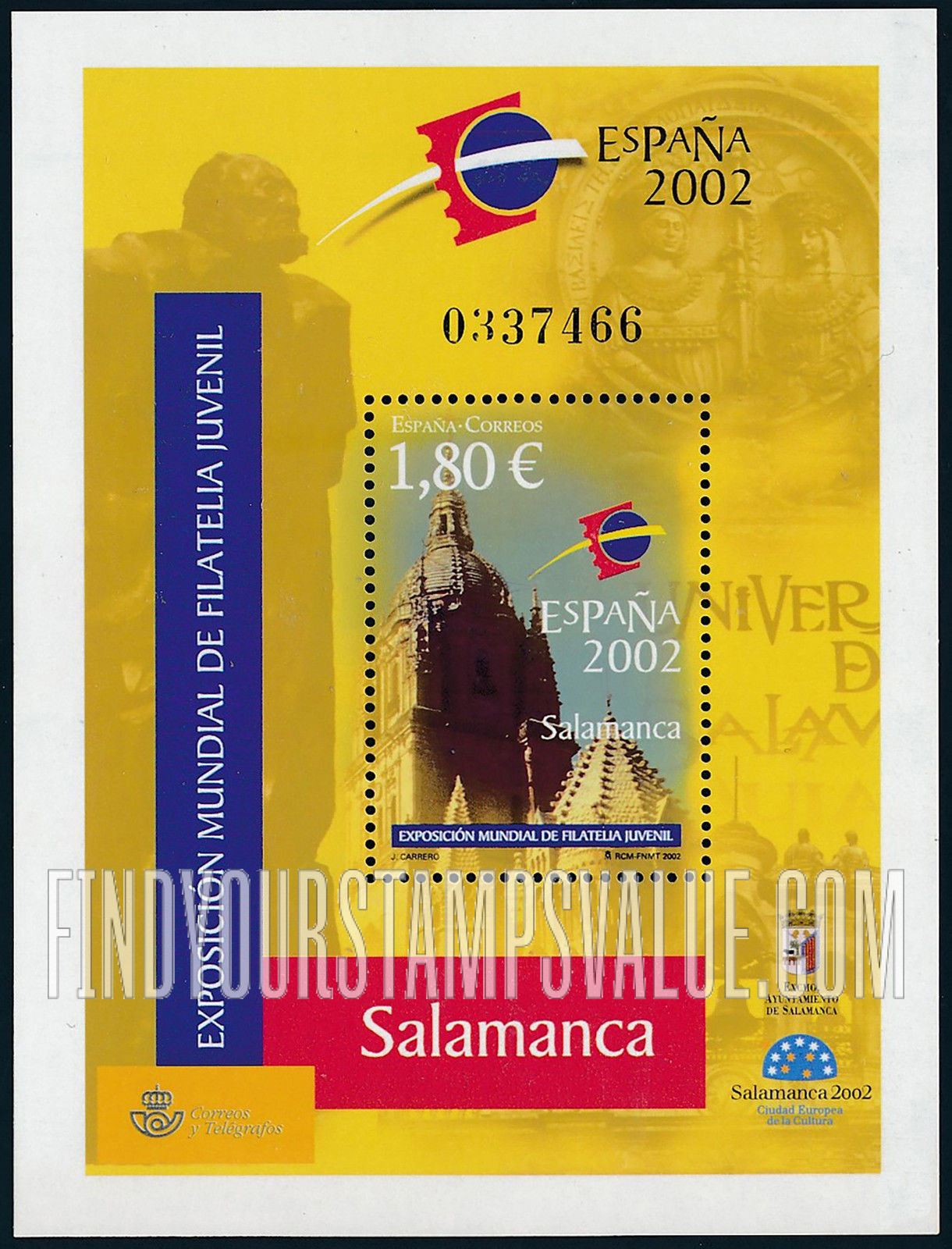 FindYourStampsValue: España 2002 Youth Philatelic Exhibition, Salamanca: Emblem and New Cathedral