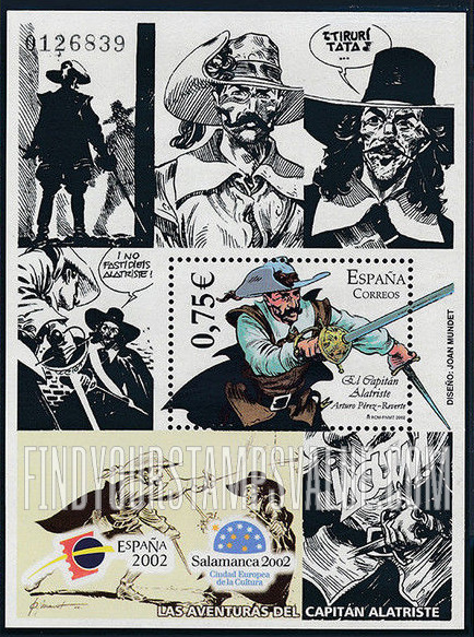 FindYourStampsValue: España 2002 Youth Philatelic Exhibition, Salamanca: Character from comic Strip “El Capitan Alatriste,” by Arturo Pérez-Reverte