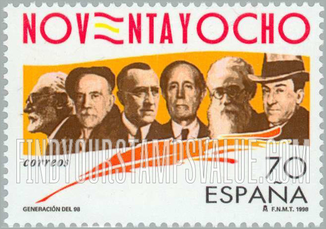 FindYourStampsValue: “Generation of ’98” Authors: Azorín (José Martinez Ruiz) (1873-1967), Pío Baroja (1872-1956), Miguel de Unamuno (1864-1936), Ramiro de Maetzu (1874-1936), Antonio Machado (1875-1939), Ramon Valle Inclán (1866-1936)