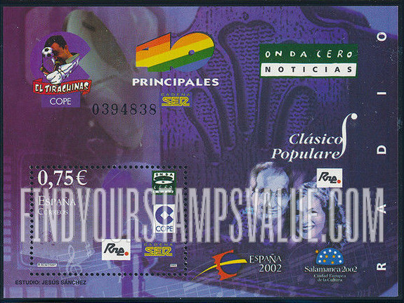 FindYourStampsValue: España 2002 Youth Philatelic Exhibition, Salamanca: Radio, musical notes and logos of Spanish radio stations