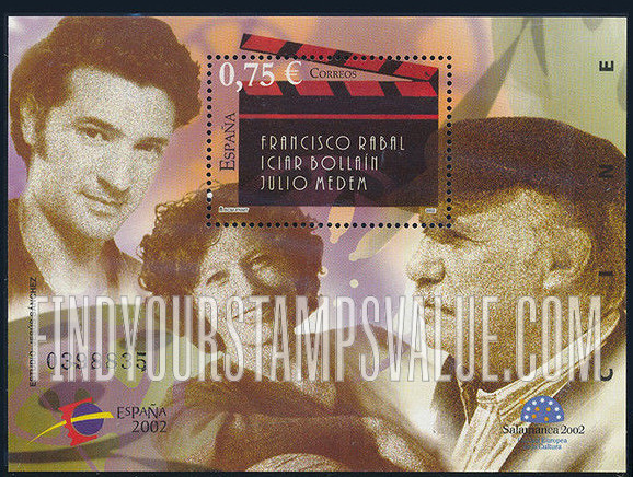 FindYourStampsValue: España 2002 Youth Philatelic Exhibition, Salamanca: Clapboard and names of Spanish film personalities