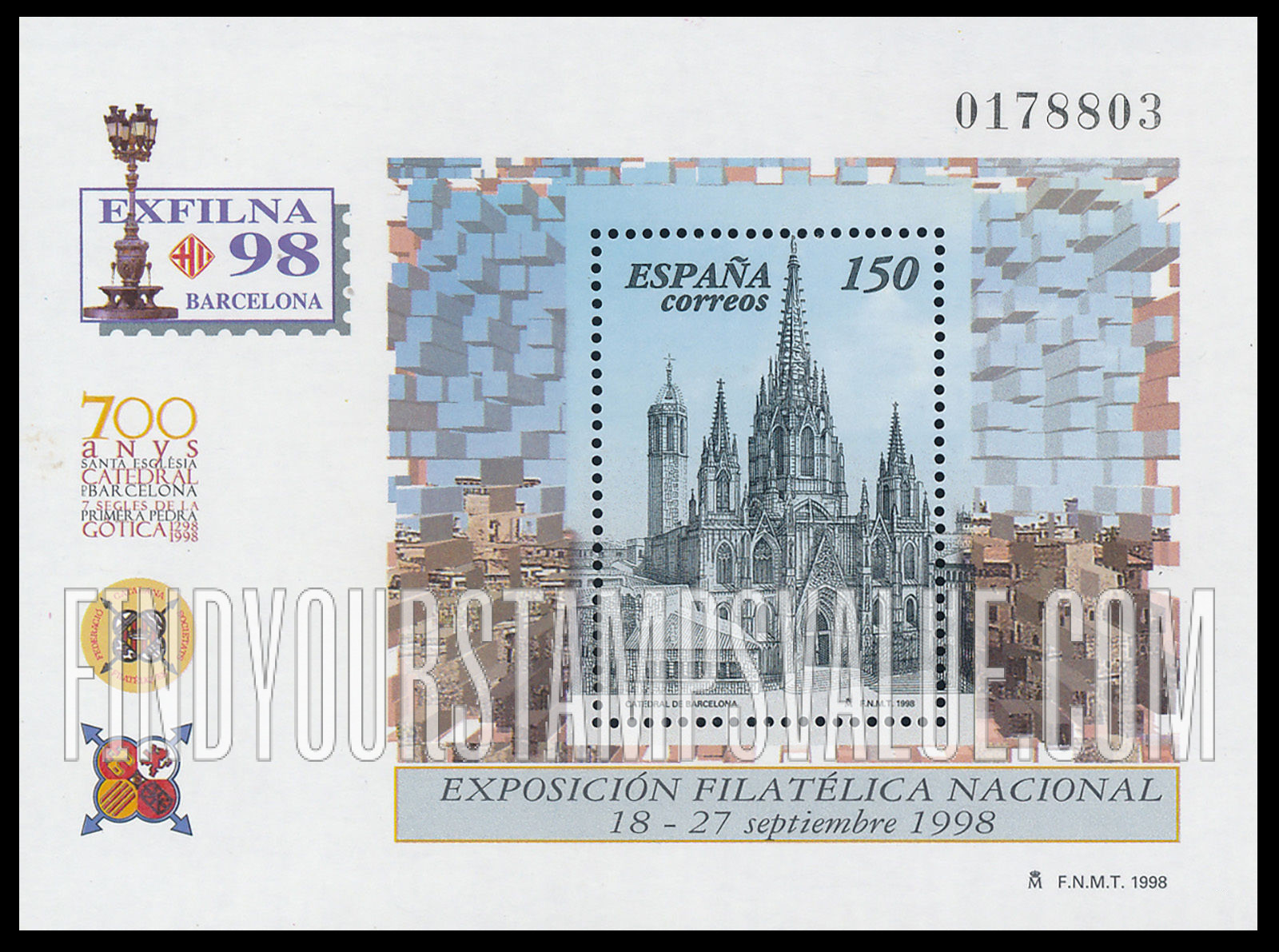 FindYourStampsValue: EXFILNA ’98 National Philatelic Exhibition: Cathedral of Barcelona