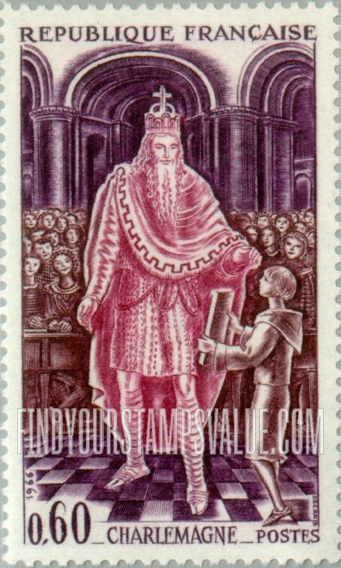 FindYourStampsValue: Charlemagne attending school (page holding book for crowned king)