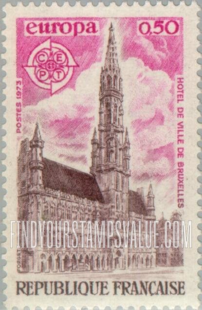 FindYourStampsValue: Europa Issue 1973: City Hall, Brussels, CEPT Emblem